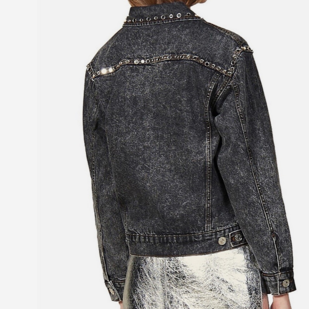 SANDRO Mirrored Studded Gray Washed Denim Jeans Jacket Cotton Size 38 - Picture 4 of 9